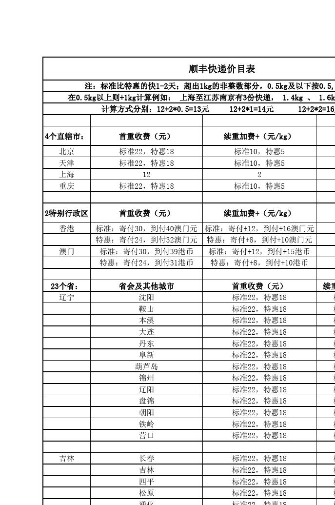 顺丰快递到北京多少钱